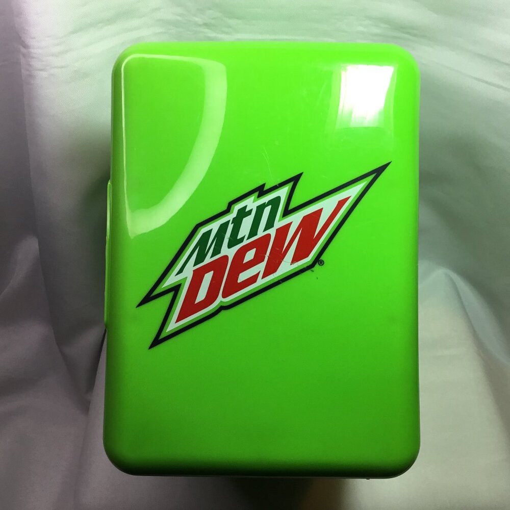 Mountain Dew 6 Can Mini Fridge Cooler Lime Green. Working 9.5”x7” Missing Shelf.